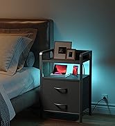 Night Stand Bedside Table Bedroom - Nightstand with Charging Station &amp; LED Light Strip, Bed Side ...