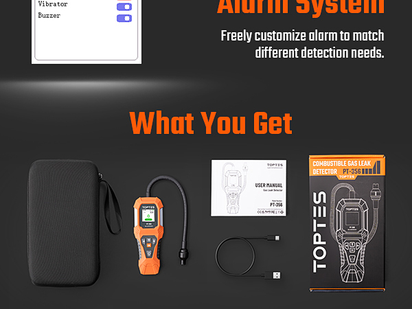 WHAT YOU GET: 1*PT-356 GAS LEAK DETECTOR, 1* CHARGING CABLE, 1* STORAGE CASE, 1* USER MANUAL