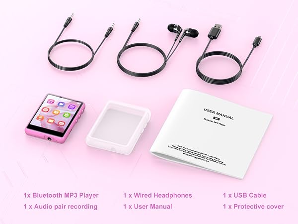 Bluetooth MP3 player set with pink device, wired headphones, USB cable, protective cover, and user manual. Includes audio recording feature and accessory details on pink background.