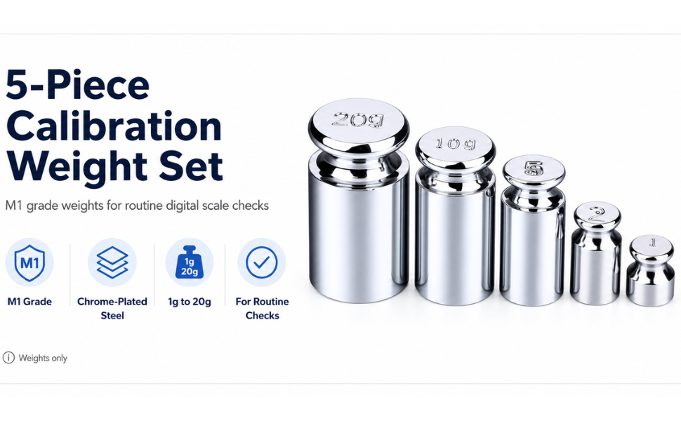 5-Piece M1 grade calibration weights set, 1g 2g 5g 10g 20g, for routine digital scale checks