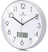 Lafocuse 12 Inch Silent Modern Silver Wall Clocks with Date and Day, Analog Battery Operated Digi...