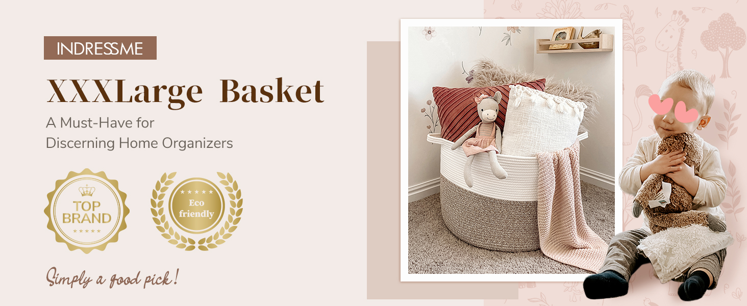 INDRESSME XXXLarge Cotton Rope Basket 21.7" x 21.7" x 13.8"