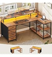 SEDETA L Shaped Desk with 4 Drawers and Storage Shelves, L Shaped Gaming Desk with LED Lights &amp; P...