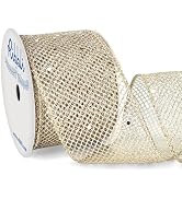 Ribbli Champagne Gold Glitter Wired Ribbon for Christmas Tree Diamond Mesh Sparkling Ribbon 2.5 I...
