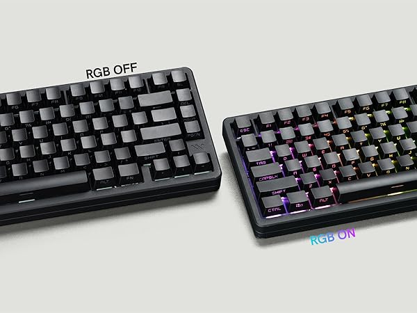 “RGB OFF” (left, no backlighting) and “RGB ON” (right, colorful backlighting activated)