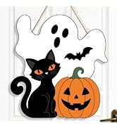 Halloween Ghost Wreath for Front Door Wooden Black Cat Pumpkin Door Decor | Cute Spooky Bat Decor...