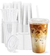 Clawsoff 100 Pack 20 oz Disposable Clear Plastic Cups with Lids and Straws, Leak-Proof Sturdy Col...