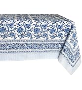 ATOSII Midnight Bloom 100% Cotton Summer Tablecloth, Block Print Blue Rectangle Table Cloth for D...