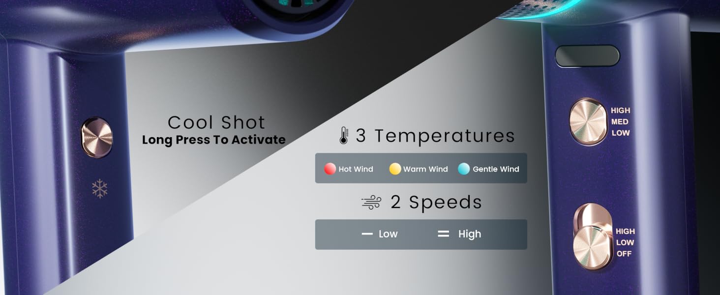 Text reads 'Cool Shot' and '3 temperatures' and '3 speeds'. Interface display of an electronic device showing various control settings and temperature options.