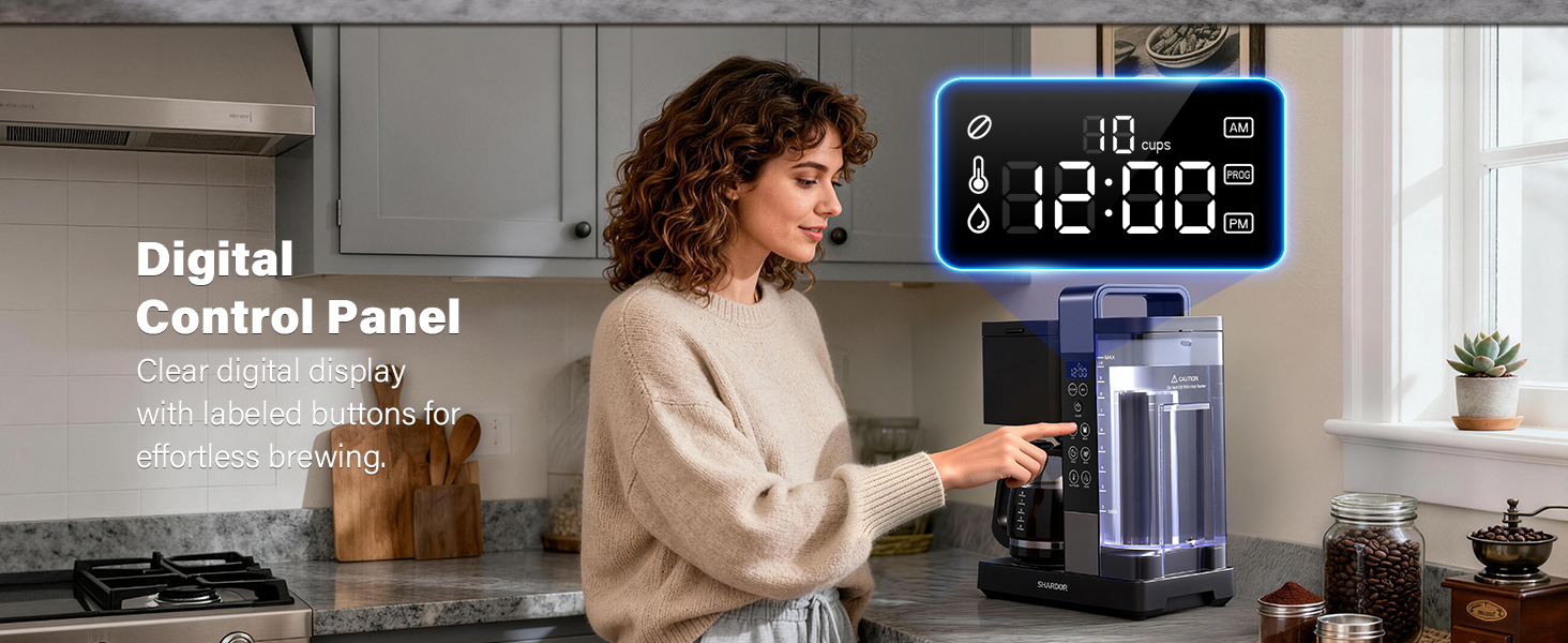 Clear digital display with labeled buttons