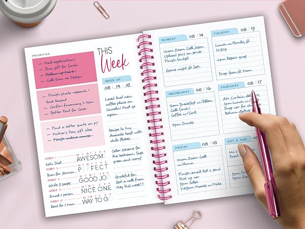 All-in-one planner: color-based To Do List, Smart Habit Tracker and a 7-day undated daily planner.