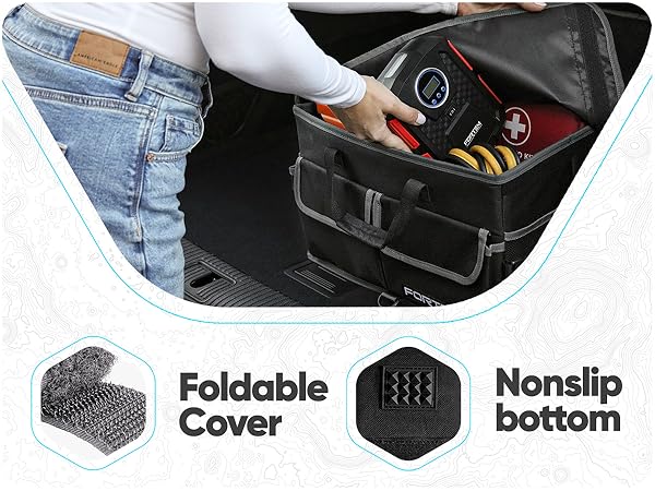 trunk organizer foldable cover with non slip bottom. removable hook and latch