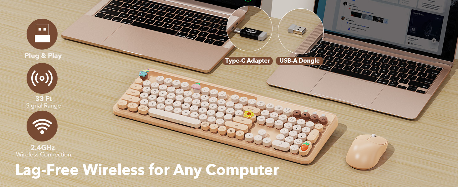 Lag-Free Wireless for Any Computer. The keyboard and mouse share a single USB receiver.