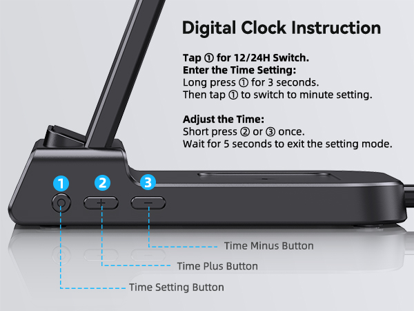 Text reads 'Digital Clock Instruction', 'Time Plus Button', 'Time Minus Button', 'Time Setting Button'. Technical diagram showing button layout and instructions.