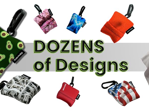 A variety of prints and colors of spudz microfiber cloth pouches
