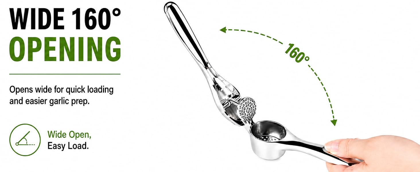 Durable garlic press with wide open
