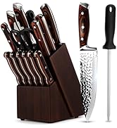 Kitchen Knife Sets with Block, 15-Piece High Carbon Stainless Steel Knife Block Set with Sharpene...