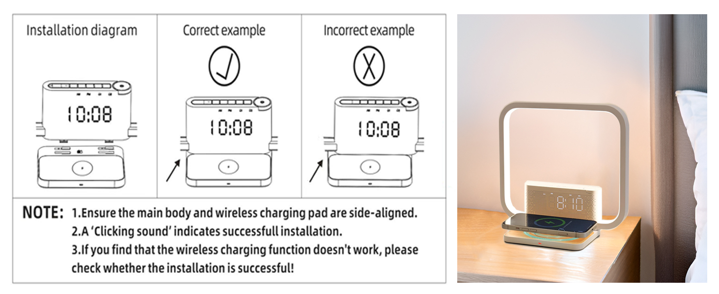 Dual Alarm Clock Bedside Table Lamp with Fast Wireless Charger Station