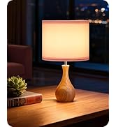 GOEBLESON Small Table Lamp, 14.2" Cute Little Desk Lamp with Wood Bottle-Shaped Base &amp; Pink Linen...