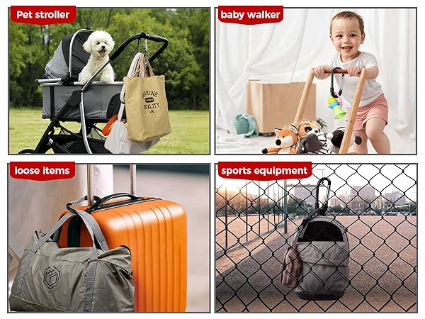 Composite image with four panels showing: pet stroller with small white dog, toddler using a baby walker, orange suitcase with duffel bag, and sports equipment bag hanging on chain-link fence.