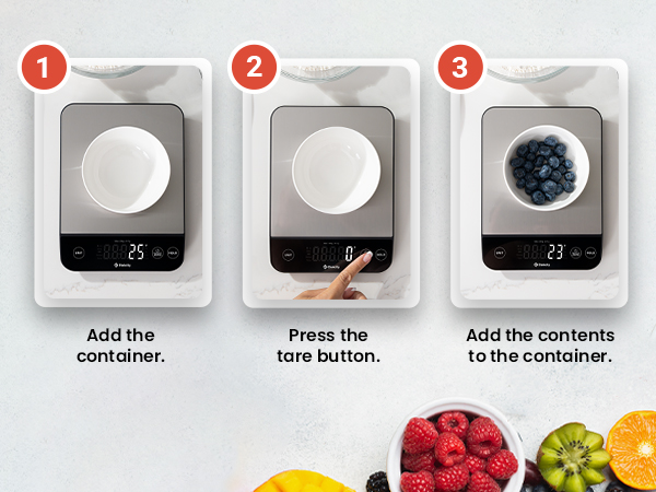 Put the bowl on scale, press the tare button, and add food to get pure food weight