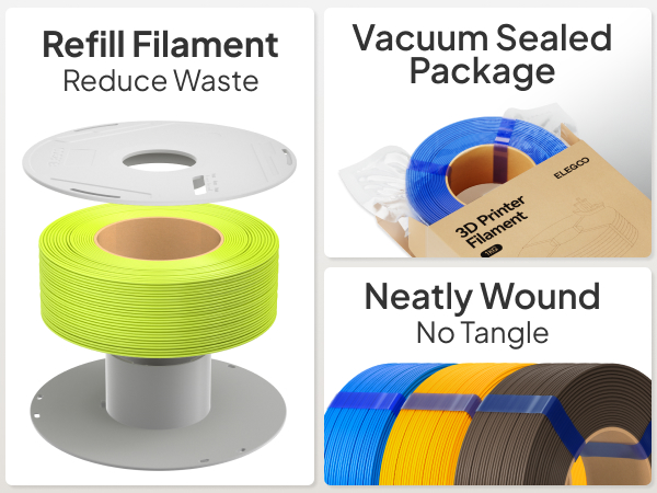 refill filament no spool pla, vacuum sealed package, neatly wound