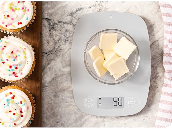 Baking scale digital grams and ounces greater goods kitchen necessity, Weighing butter in bowl
