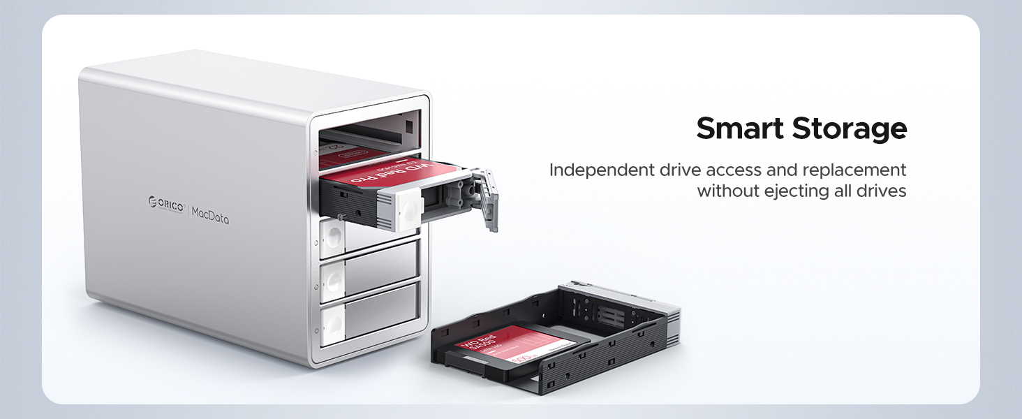 White multi-bay storage device with sliding drawers, showing internal configuration for organized data storage components.