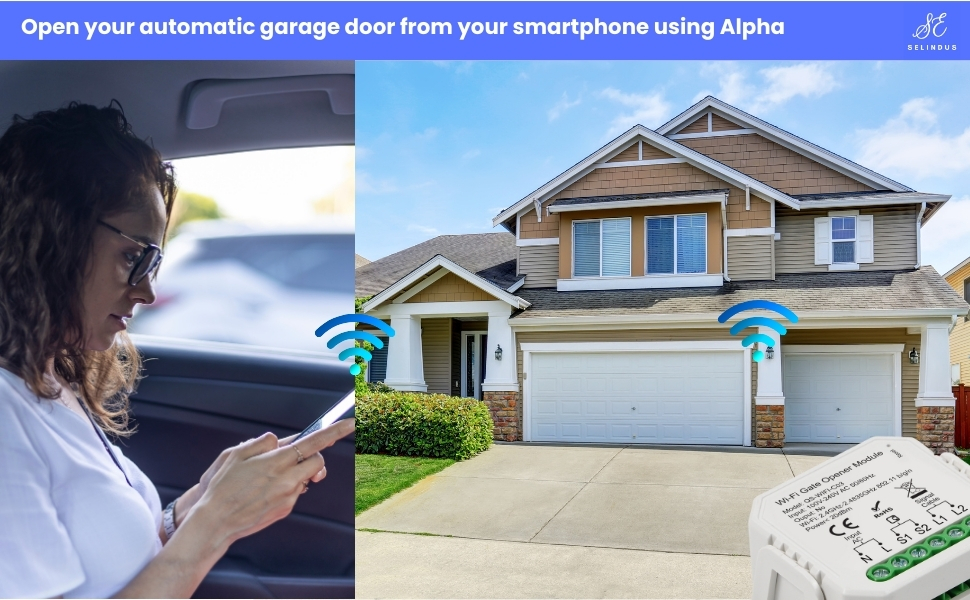 Smartphone app interface showing garage door control system with WiFi indicators and house exterior featuring double garage doors.