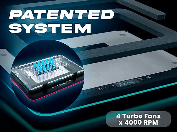 Text reads 'PATENTED SYSTEM' and '4 TURBO FANS x 4000 RPM'. Technical product shots showing blue-lit cooling system integrated into sleek black device.