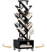 7 Tier Double Sided Rotating Tree Book Shelf, Floor Standing Wood Bookshelf with Adjustable Wheel...