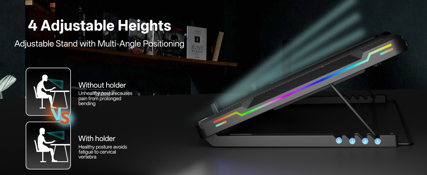 The cooling pad&amp;#39;s ergonomic stand is shown, demonstrating one of its 4 adjustable height settings