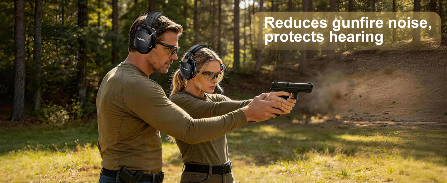Text reads "Reduces gunfire noise, protects hearing". Two people wearing protective eyewear aiming firearms outdoors in woodland setting during daytime.