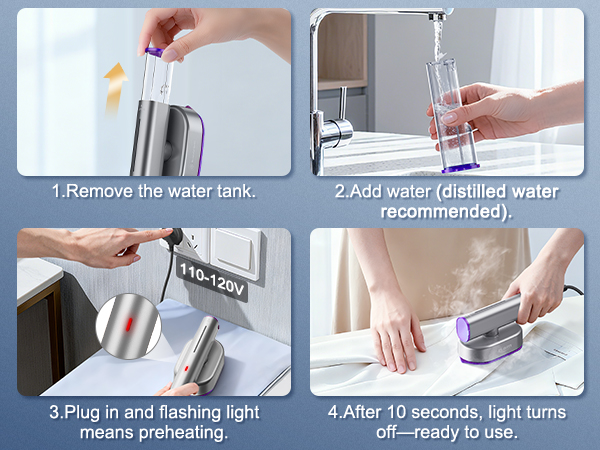 1.Remove the water tank; 2.Add water; 3.Plug in and flashing light; 4.Light turns off-ready to use.