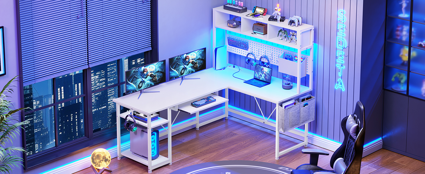 SEDETA White L Shaped Office Desk, Corner Computer Desk 