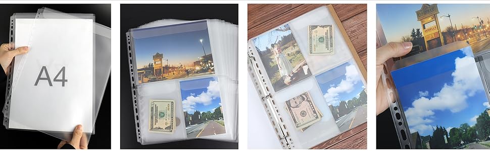 A4 Binder Pocket with Flap Binder Pouches Frosted PVC Loose Leaf Insert Pages with Lid Filing Bags