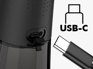 Close-up of a USB-C connector port on a black device. An icon and text label identify it as 'USB-C'.