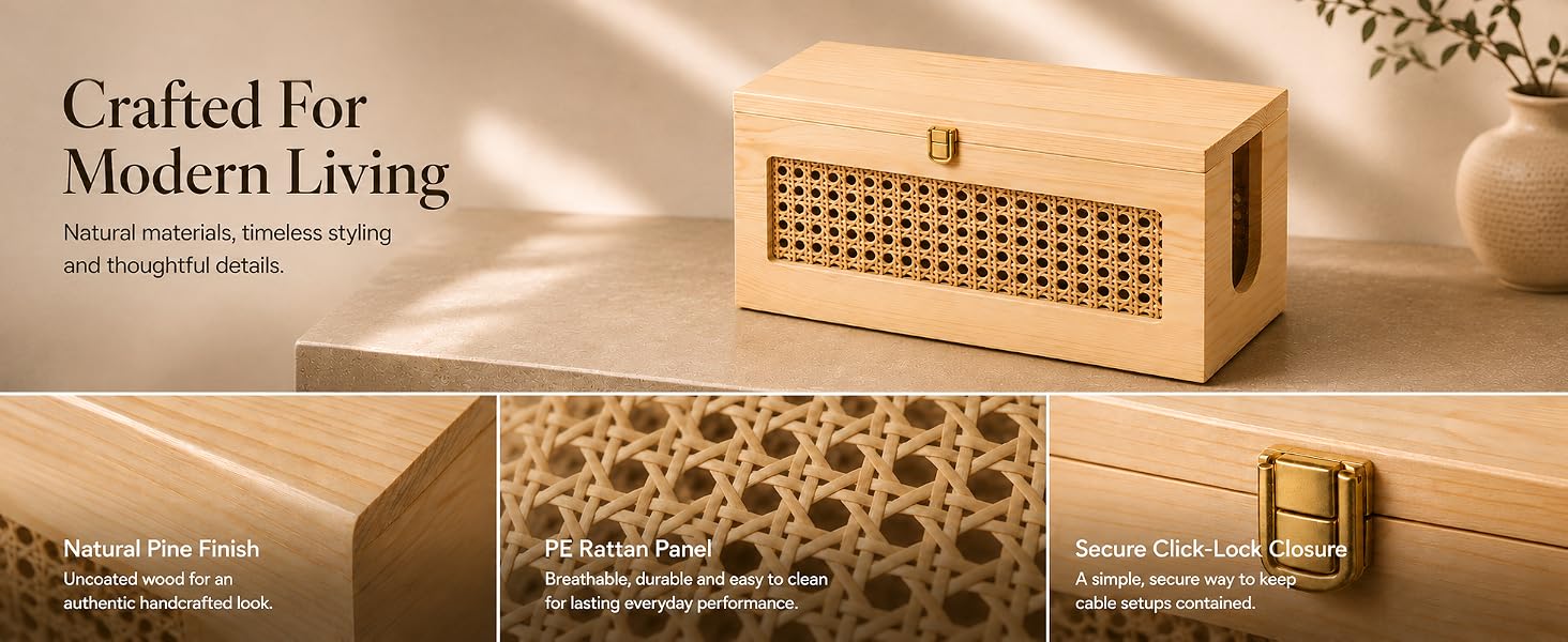 Close-up of premium pine wood, woven panel and secure metal latch on cable management box.