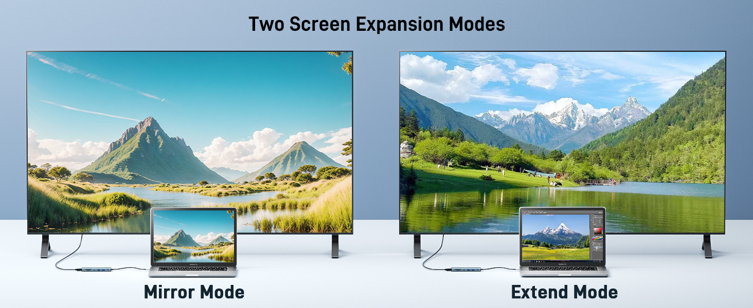 Two TV display modes comparison showing mountain landscape scenes - Mirror Mode duplicates content, Extend Mode shows expanded view across screens.