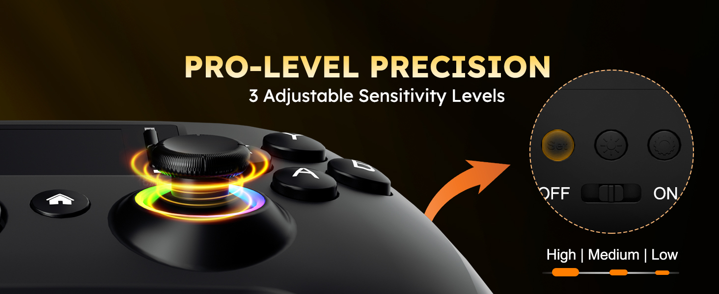 This remote controller,The button on the back can adjust the 3 sensitivities of the joystick