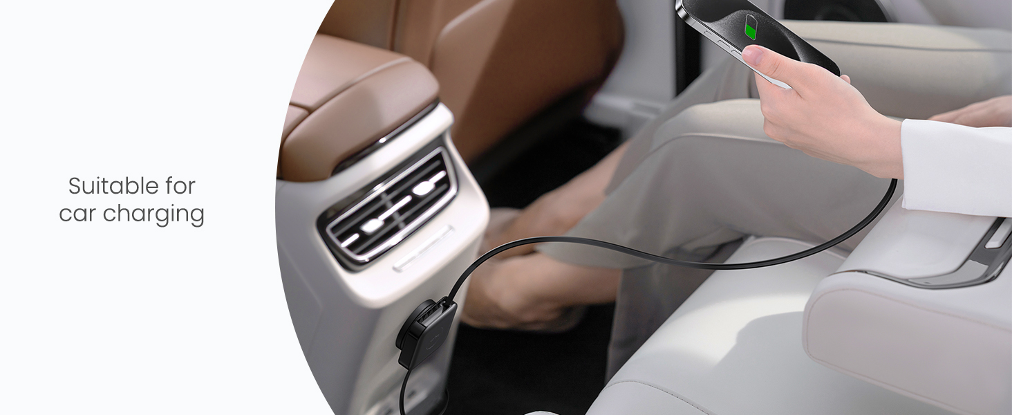 Car interior showing rear USB charging ports. Text overlay reads 'Suitable for car charging'.