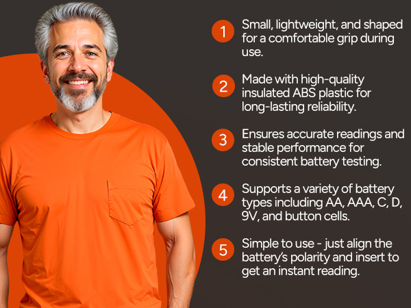 Man with beard wearing orange shirt against dark background. Text lists: 'Small lightweight and shaded yet comfortable grip during use', 'Made with high-quality insulated ABS plastic for long-lasting durability', 'Ensures accurate readings and superior handling characteristics', 'Supports a variety of battery types including AA, AAA, C, D, 9V, and button cell', 'Simple to use with the digital display switch to get an instant reading.'