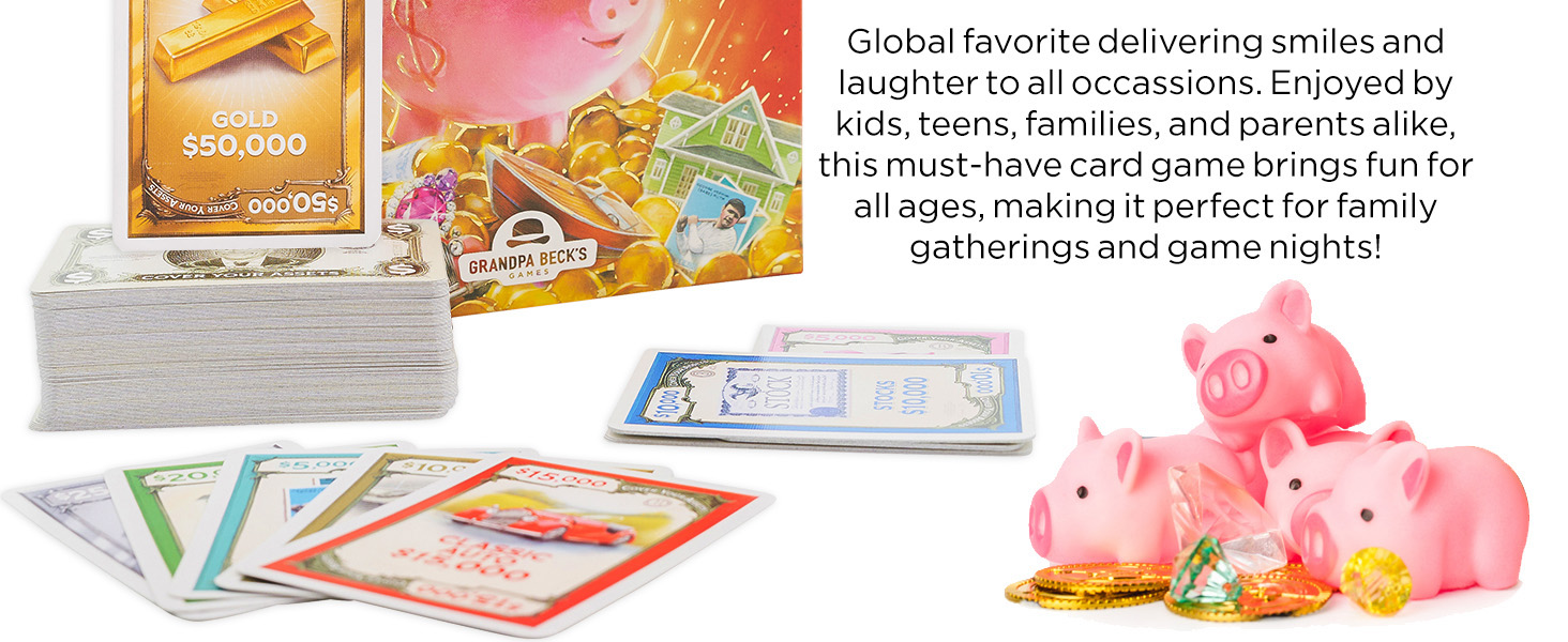 Box top shows a wealthy man with playing card examples and charming artwork families will enjoy.