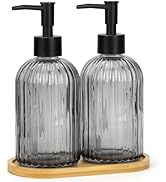 2 Pack Stripe Glass Soap Dispenser with Black Plastic Pump &amp; Bamboo Tray, 400ml Liquid Hand Soap ...