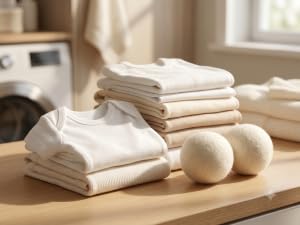 Wool balls with cotton baby clothes and shirts