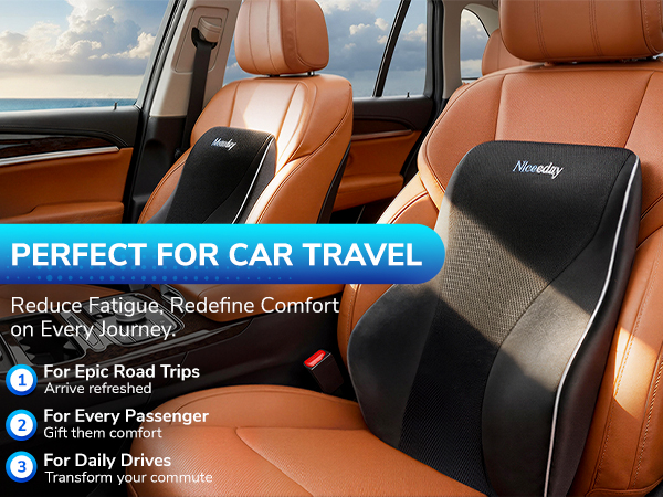 Text reads 'PERFECT FOR CAR TRAVEL', 'Reduce Fatigue, Redefine Comfort on Every Journey', 'For Epic Road Trips', 'For Daily Drives'. Brown leather car interior seats shown.