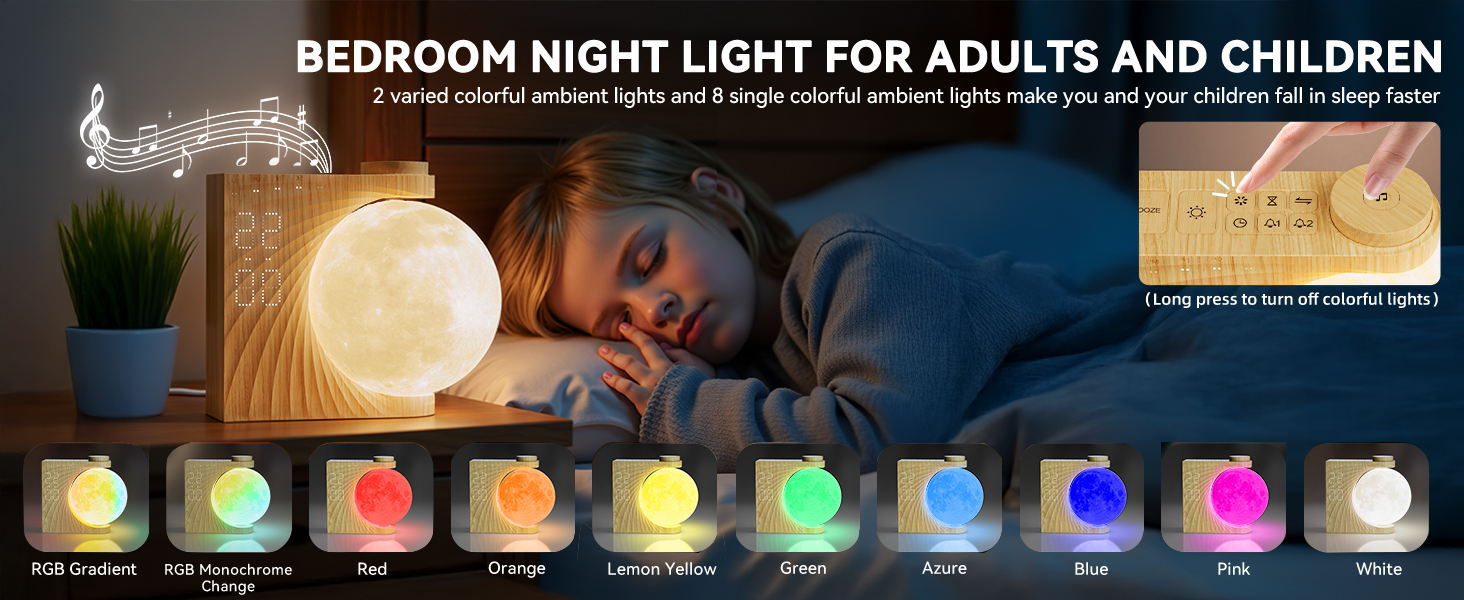 Text reads: 'BEDROOM NIGHT LIGHT FOR ADULTS AND CHILDREN'. Product display showing 9 color options for a moon-shaped night light, ranging from warm white to pink, orange, yellow, green, blue, and purple.
