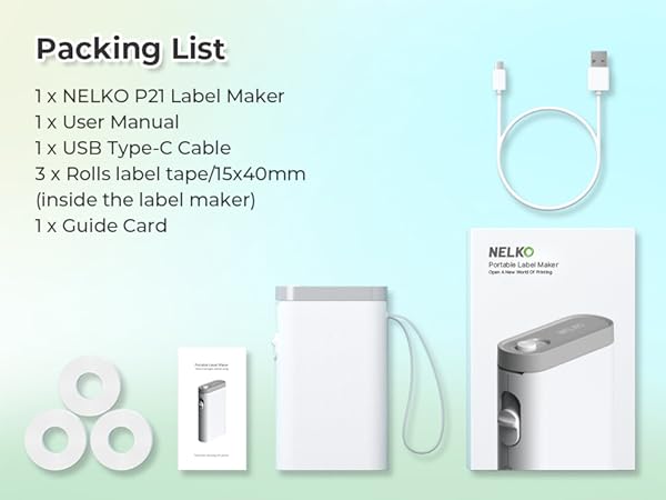 NELIKO P2L Label Maker set including the device, USB Type-C cable, roll tape, user manual