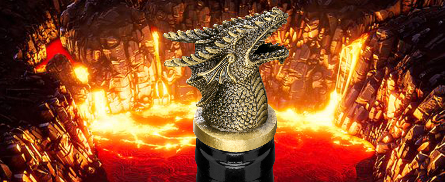 Decorative microphone head featuring detailed dragon design in metallic finish, set against dramatic fiery background.