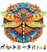 Colorful Dragonfly Wooden Puzzle, 467 Pieces Unique Animal Shaped Wood Jigsaw Puzzle, 45x40cm Lar...